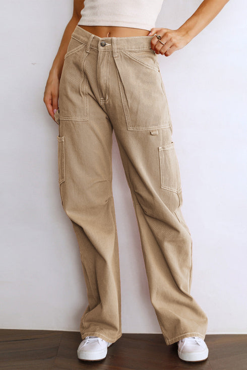 High Waist Straight Leg Cargo Pants with Pockets